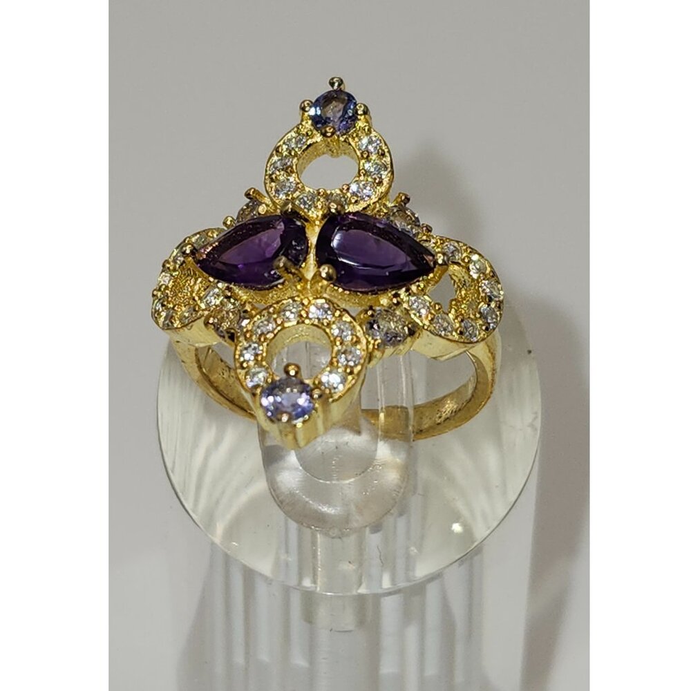 .925 Sterling Silver/14kt Gold Plate Amethyst/Tanzanite/CZ Ring Sz 6 Value $595